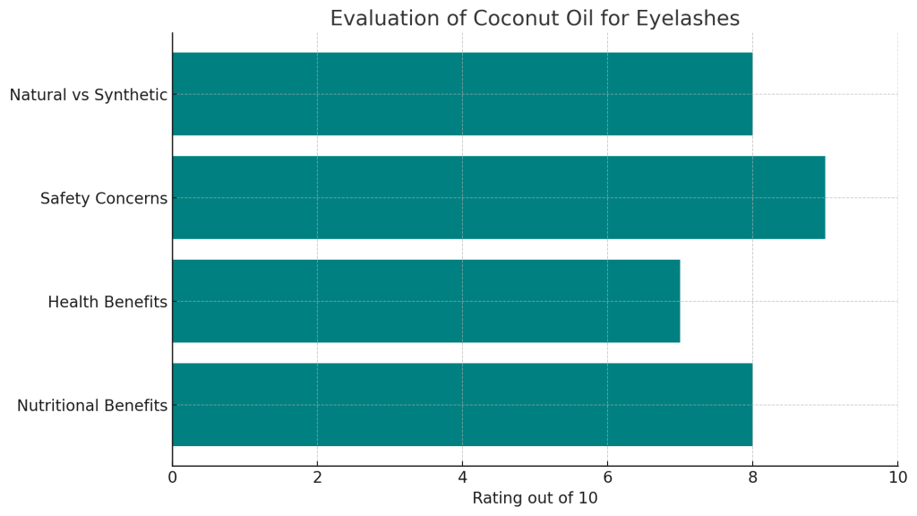 bar chart visualizes the evaluation of coconut oil for eyelashes based on various aspects