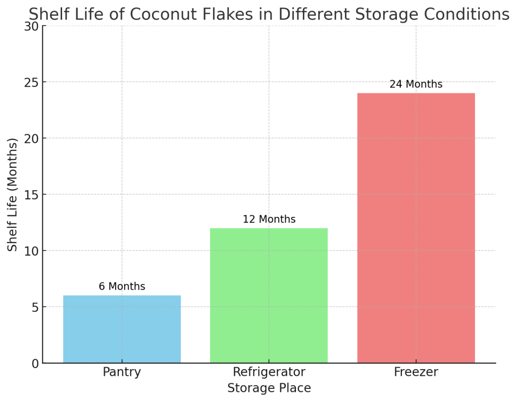 visual representation showing the shelf life of coconut flakes in different storage conditions